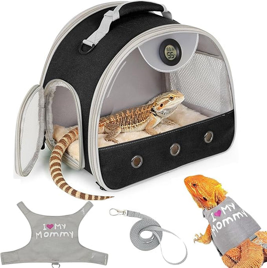 Bearded Dragon Travel Backpack Carrier with Reptile Thermometer and Humidity Gauge Lizard Travel Cage Space Capsule Clear Bubble Window Astronaut Reptile Bag for Ball Python (Black, Carrier+I LSH)