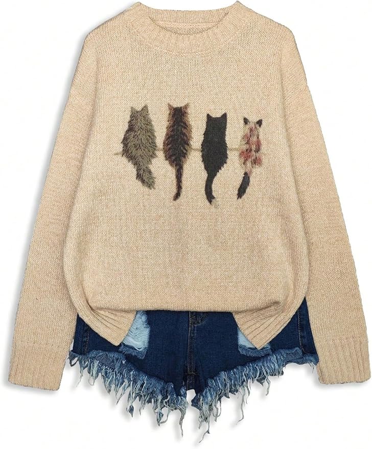 WDIRARA Women's Cat Graphic Sweater Long Sleeve Crew Neck Knit Tops Casual Knitwear