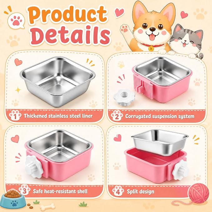LemonRoad 12 Pcs Dog Crate Water Bowl Bulk No Spill Hanging for Kennel Removable Stainless Steel Puppy Food Water Feeding Bowls Cage Coop Cup for Dogs Cats Rabbits Birds Ferret(Square Bowl)