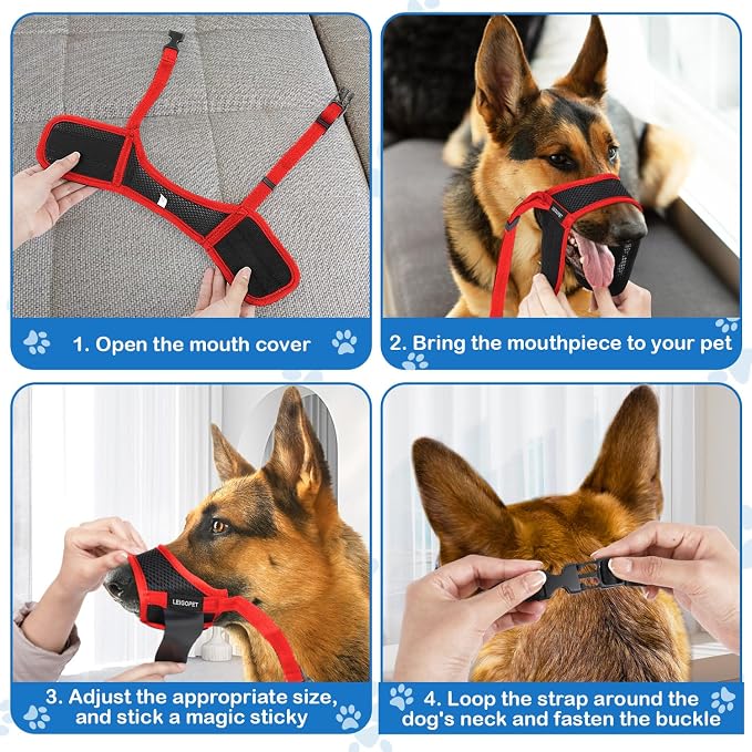 Dog Muzzle, Soft Mesh Nylon Design with Adjustable Neck Strap, Allows Panting and Drinking, for Grooming, Walks, and Scavenging Prevention - Red, Large