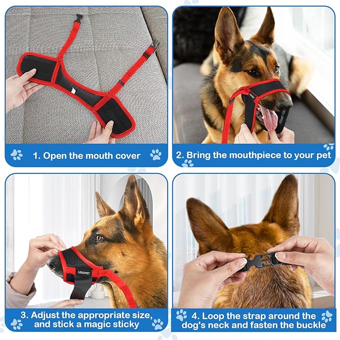 Dog Muzzle, Soft Nylon Muzzles for Small Medium Large Sized Dogs to Anti & Prevent Biting Barking Chewing, Pet Mouth Guard for German Shepherd with Adjustable Strap, Allows Panting Drinking (Red,L)
