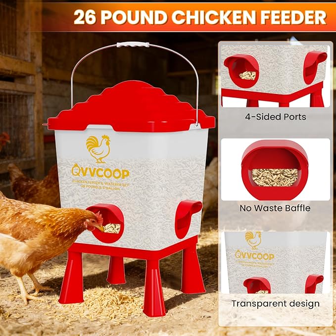 Automatic Chicken Feeder and Waterer Set, 5 Gallon Chicken Waterer with Float Valve, Poultry Feeding and Watering Supplies, Elevated Water Dispenser, Large Capacity, Red, Float Controlled