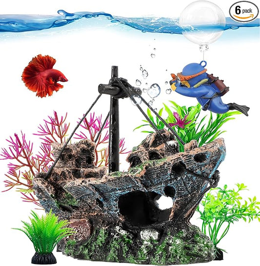 6 Pcs Aquarium Decor Set Shipwreck Decoration Little Diver Floating Fish Tank Decoration Fish Tank Plants