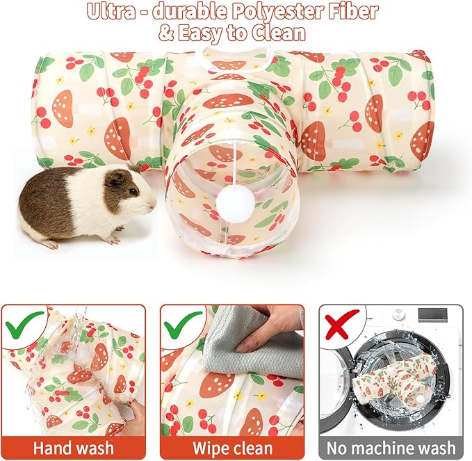 Rypet 3-Way Guinea Pig Tunnel, Collapsible Small Animal Enrichment Toy with Ball, Foldable Rabbit & Hamster Tunnel for Boredom Relief, Washable, Indoor/Outdoor Play
