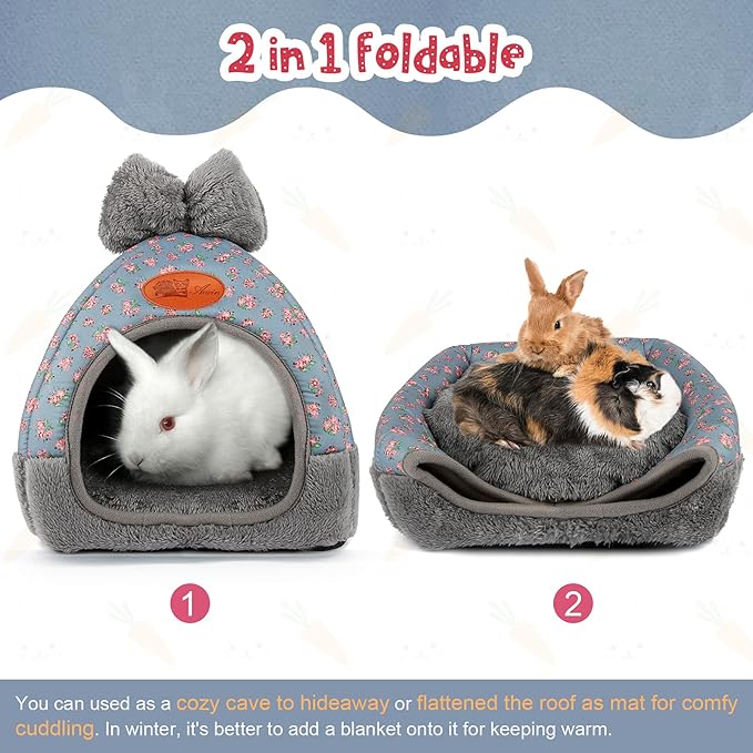 YUEPET Bunny Bed Warm Guinea Pig Cave Beds Cute Bowknot House Big Hideouts Cage Accessorie for Dwarf Rabbits Hamster Bunny Ferrets Rats Hedgehogs Chinchilla（Flower）