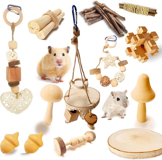13 PCs Hamster Toys for Hamster, Gerbils, Mice, Rats, and Other Small Animals - Natural Molar Chew & Play Toys to Induce Teeth Grinding, Reduce Boredom and Depression