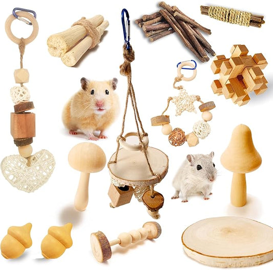 13 PCs Hamster Toys for Hamster, Gerbils, Mice, Rats, and Other Small Animals - Natural Molar Chew & Play Toys to Induce Teeth Grinding, Reduce Boredom and Depression