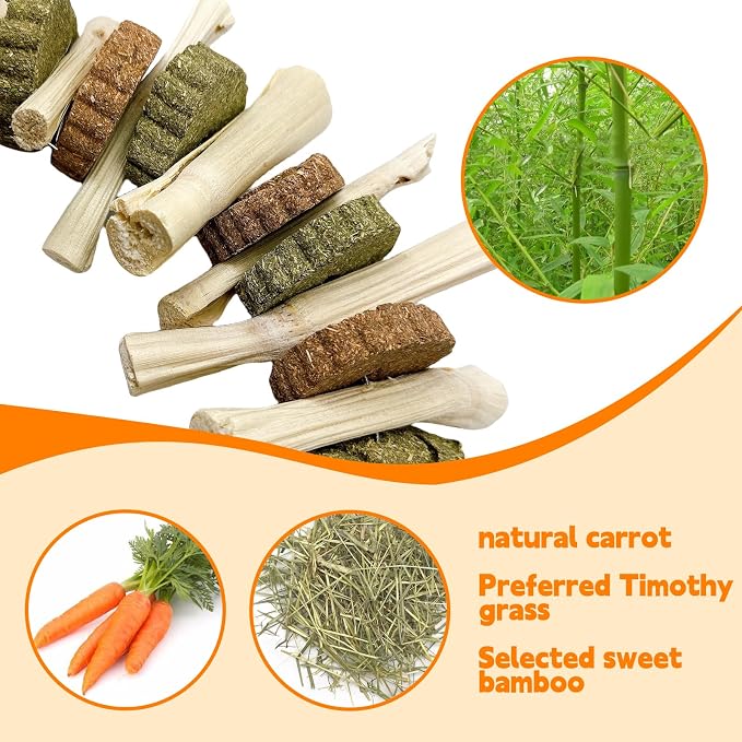 Hamiledyi 3Pcs Bunny Chew Toys for Teeth Bunny Hanging Grinding Cake Natural Sweet Bamboo Sticks Timothy Alfalfa Hay & Carrot Cake for Rabbit Guinea Pig Chinchilla Gerbil Improve Dental Health