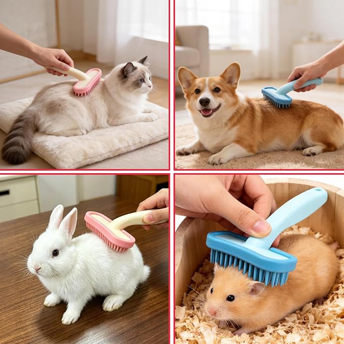 3PCS Rabbit Brush, Bunny Grooming Comb Pink & Blue Soft Silicone Small Pet Brushes with Grey Cleaning Brush, Small Animals Massager Cat Shedding Brush Pet Hair Remover Dog Combs for Kittens Puppies