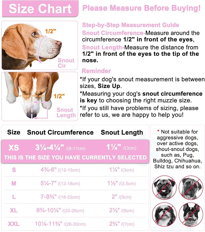 LUCKYPAW Dog Muzzle, Mesh Muzzle for Small Medium Dogs, Soft Mouth Cover to Prevent Biting Chewing, Drinkable Breathable Adjustable Puppy Mouth Guard(XS, Pink)
