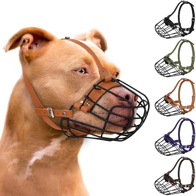 Pitbull Dog Muzzle Breathable Metal Basket for Large Dogs Amstaff Staffordshire Terrier Secure Wire Mask Adjustable Durable Leather Straps Biting Chewing Barking (Brown)