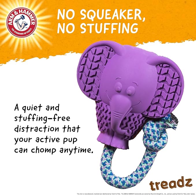 Arm and Hammer for Pets Super Treadz Large Elephant Dental Chew Toy for Dogs - Reduces Plaque and Tartar Without Brushing, Baking Soda Infused, Dishwasher Safe, Dogs Up to 35 Lbs