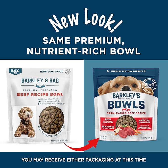 Barkley’s Bowls, Frozen Raw Beef Dog Food, Fresh Whole Food Ingredients w/Farm-Raised Beef, Grain Free, Dog Food Toppers, Human Grade Ingredients, for All Dog Breeds, Ages, & Sizes, 4 lb Bag (6 Pack)