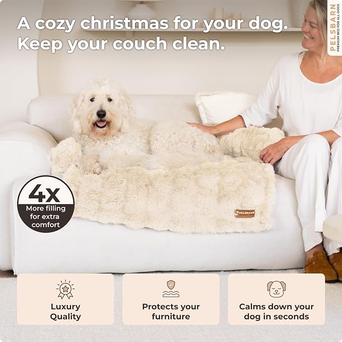 Pelsbarn Dog Bed for Couch, Luxurious Sofa Bed for Dogs with Non-Slip Oxford Bottom - Faux Rabbit Fur with Removable Cover, Large, Beige - 33x33 in