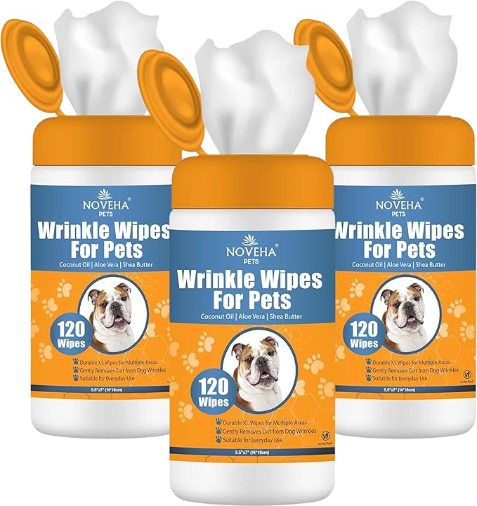 NOVEHA 5”x7” Large Dog Wipes | Wipes for Bulldog, French Bulldog, Pug, English Bulldog | Deodorizing, for Multiple Areas Removes Dirt, Wrinkles, Folds, Tear Stain, Tail Pocket & Paws (3PK-120 Counts)