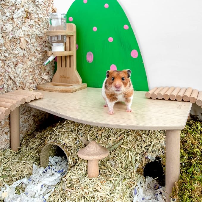 Niteangel Hamster Play Wooden Platform for Dwarf Syrian Hamsters Gerbils Mice Degus or Other Small Pets (Wave - 7'' Height, Burlywood)
