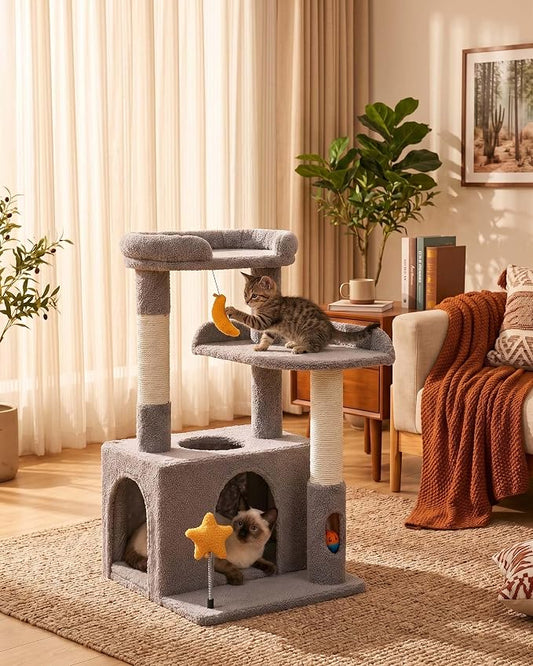 32In Cute Cat Tower for Indoor Cats with Cat Condo, Plush Platform, Hammock, Sisal Scratching Posts, Dangling Ball, Tall Cat Tree Tower with Self-Grooming Brush (Light Grey)