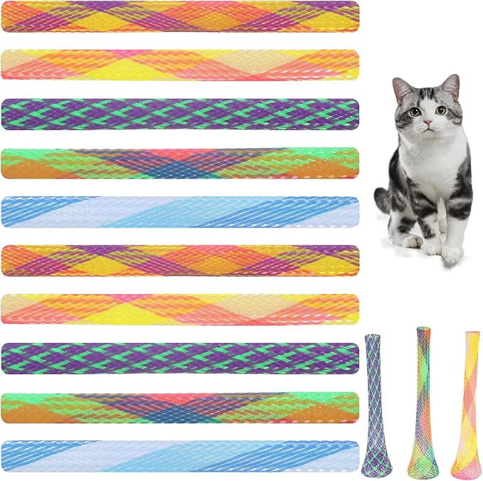 Cat Tube Toy, 10 PCS Plastic Cats Spring Coil Toys Nylon Mesh Telescopic Cat Tube Spring Toy Interactive Colorful Fun Tubes for Indoor Cats to Chase, Bite, and Scratching (5.3 Inches)