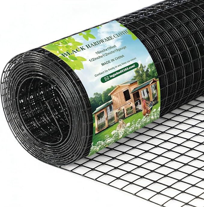 Gbekery Black Hardware Cloth 1/2inch,16in x 10ft 19 Gauge, PVC Coated Galvanized Steel Chicken Wire Fence Roll Garden Plant Welded Metal Wire Fencing Roll, Rabbit Cages Snake Fence,Black