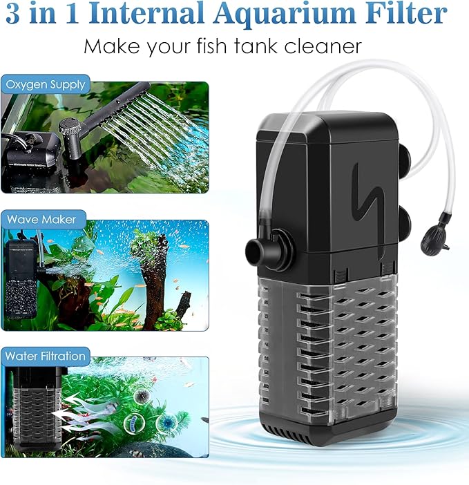 AQQA Aquarium Filter, Submersible Power Fish Tank Filter with Rainwater Aerator System Adjustable Water Flow Design, Ultra Silent Biochemical Sponge Filtration Up to Fish Tank 50 Gallon (6W-158GPH)