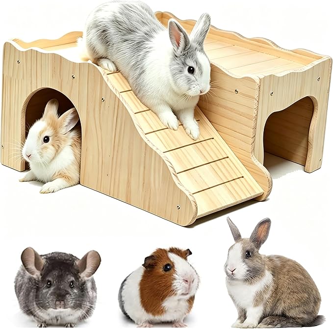 Large Rabbit Hideout Thicken Hard Wooden Bunny House Castle Climbing Tower Detachable Playhouse Ventilated Guinea Pig Wooden Hideout for Hamster Chinchilla (Slide Style)