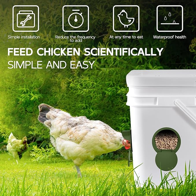 Chicken Feeder Port 12 Pack - No Waste DIY Poultry Feeding Kit with Stopper Lid & Hole Saw, Reusable Rain Proof Automatic Coop Gravity Feeder for Hens Ducks Geese (Green)