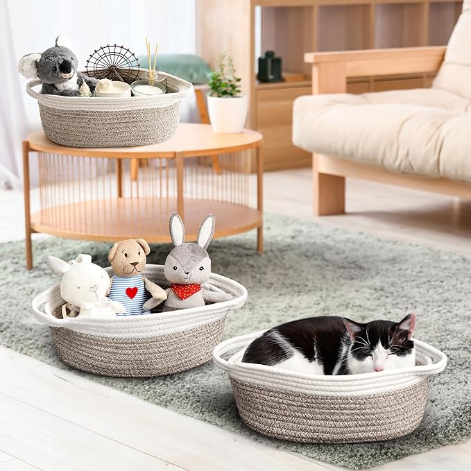 2 Pack Small Woven Basket with Gift Bags and Ribbons, Empty Decorative Gift Chest Box, Cute Baby Gift Basket for Nursery, Cotton Rope Room Shelf Storage Basket with Handles, All 12"x 8"x 5",Brown
