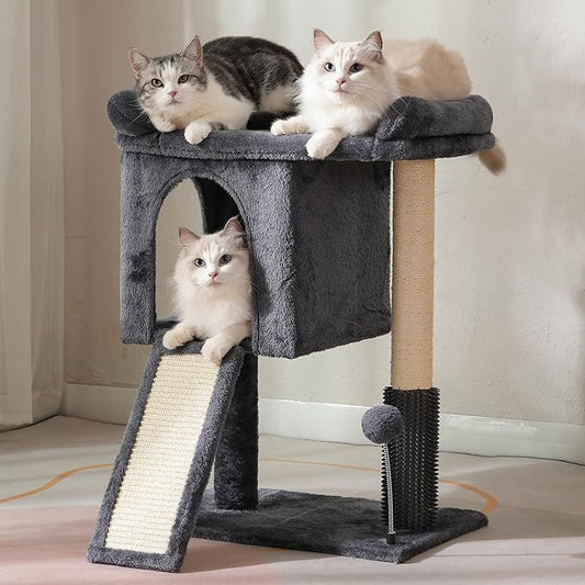 Cat Tree for Large Cats with Scratching Post, Small Cat Tower with Spacious Top Bed 20x13.8” Private Cat Condo and Ramp and Self Groomer and Spring Ball-Dark Grey