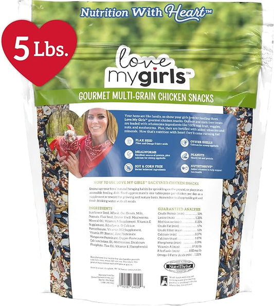Love My Girls: Chicken Snacks - Flax & Worms - 5lb Bag - Global Harvest, Gourmet Multi-Grain Treats, Corn-Free, Nutritious & Protein Rich Mealworms
