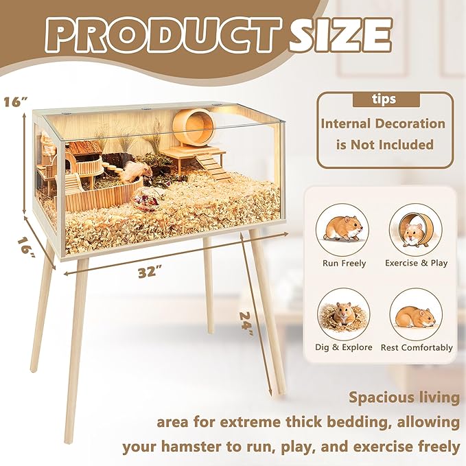 PROLEE Hamster Cage with Legs, Guinea Pig Cages Chew Proof, Hamster House, Hamster Cages and Habitats with Lockable Design, Small Animal Cage, 32" L x 16" W x 40" H