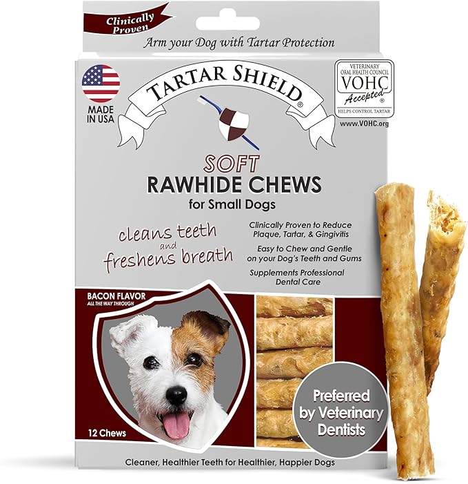 Tartar Shield Soft Rawhide Chews | Safe Dental Treats for Small Dogs | Vet VOHC Approved | Daily Bone Cleans Teeth & Gums Fresh Breath Oral Health Support | USA Made | (Small Dogs / 12 Count)