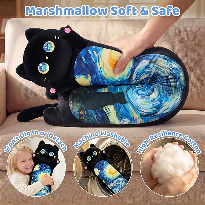 Mewaii Long Cat Plush 5 Sizes, 120% Extra Filling Giant Plushness Kids Body Pillow, Kawaii Cute Black Starry Cat Stuffed Animals Plushies, Big Long Body Pillow Cat Plush Gift for Girls 44”