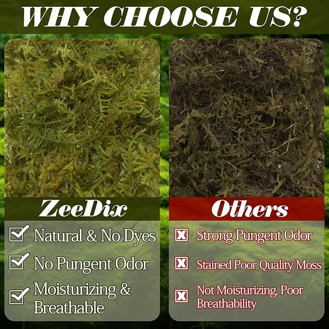 ZeeDix 8OZ Sphagnum Moss for Reptiles/Plants, Natural Reptile Moss Bedding for Tortoise Gecko Lizard Snake Hermit Crab Terrarium Habitat, Odor Control & Humidity Retention