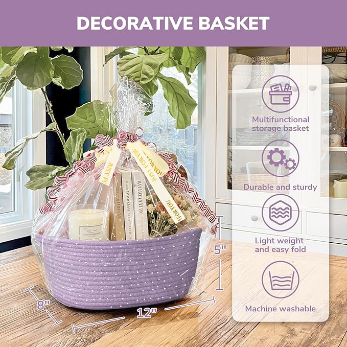 CHICVITA Gift Basket Empty, Mother's Day Basket with Bags & Ribbon, 12"x 8"x 5", Purple