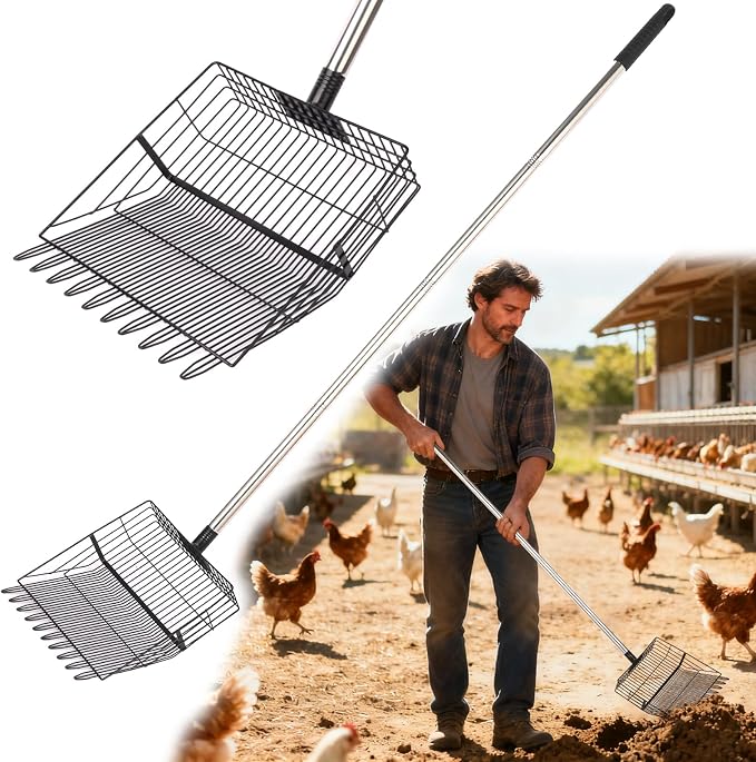 Reptilux Chicken Poop Scooper Adjustable Long Handle - Stainless Steel Sifter Shovel for Sand & Hemp Bedding - Metal Coop Scoop Rake - Chicken Accessories for Poultry, Dog & Cat Litter