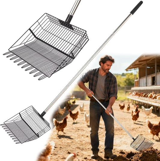 Reptilux Chicken Poop Scooper Adjustable Long Handle - Stainless Steel Sifter Shovel for Sand & Hemp Bedding - Metal Coop Scoop Rake - Chicken Accessories for Poultry, Dog & Cat Litter