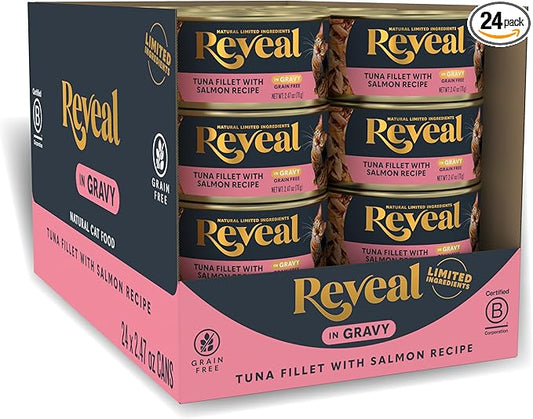Reveal - Grain Free | Wet Canned Cat Food | 2.47oz - 24 Pack - Premium Nutrition, 100% Natural, No Additives, and Limited Ingredients (Tuna with Salmon in Gravy)