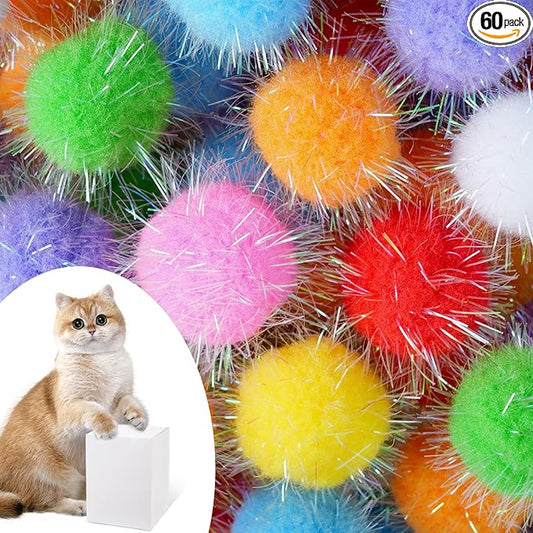 DF DUALFERV 60 Pcs Cat Pom Pom Balls, Interactive Cat Toys, Sparkle Balls for Cats, Extra Large and Fuzzy for Exercise and Entertainment, Multicolor, 1.5 Inch