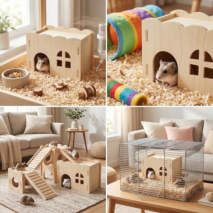 Wood Guinea Pig Hideout, Wooden Guinea Pig House Chew-Safe Hamster Hideout Hamster Explorer for Gerbils Hamsters Small Pets