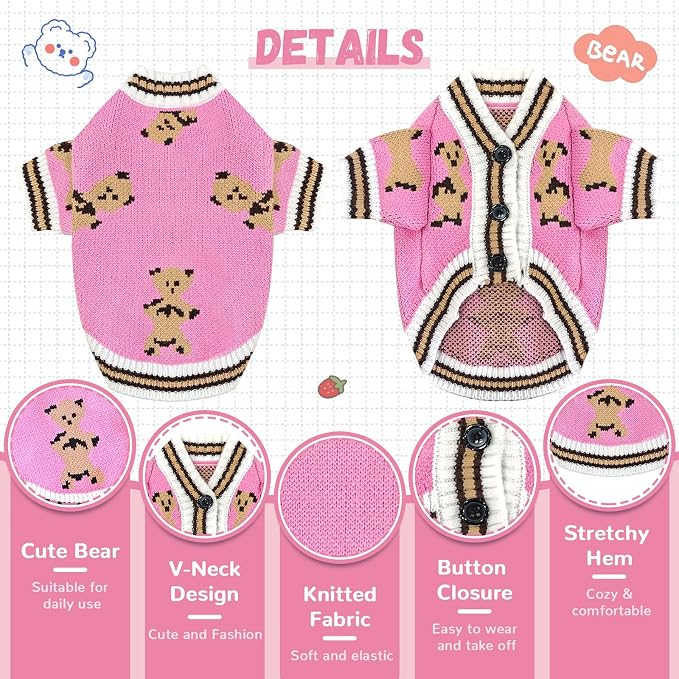 ABRRLO Small Dog Sweaters Cute Bear Dog Cardigans Clothes for Small Medium Dogs Boy Girl Puppy Cat Knitting Cardigan Outfits Dogs Winter Coats Warm Pet Doggy Clothes Soft Knitwear (Pink, X-Large)