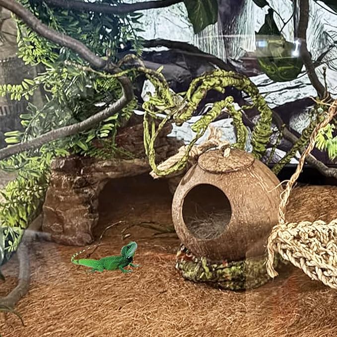 Crested Gecko Coconut Hide Natural Lizard Coco Hut Reptile Hanging Nest Flexible Vine Habitat Decoration Bearded Dragon Terrarium Accessories for Chameleon Tree Frog Snake Hermit Crab