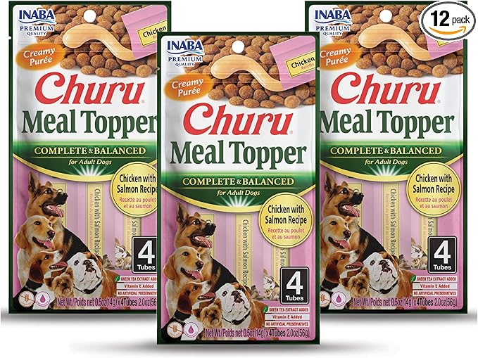 INABA Churu Meal Topper for Dogs, Complete & Balanced, Creamy, Lickable Purée Dog Food Topper, 0.5 Ounce Tube, 12 Tubes (4 per Pack) Chicken with Salmon Recipe