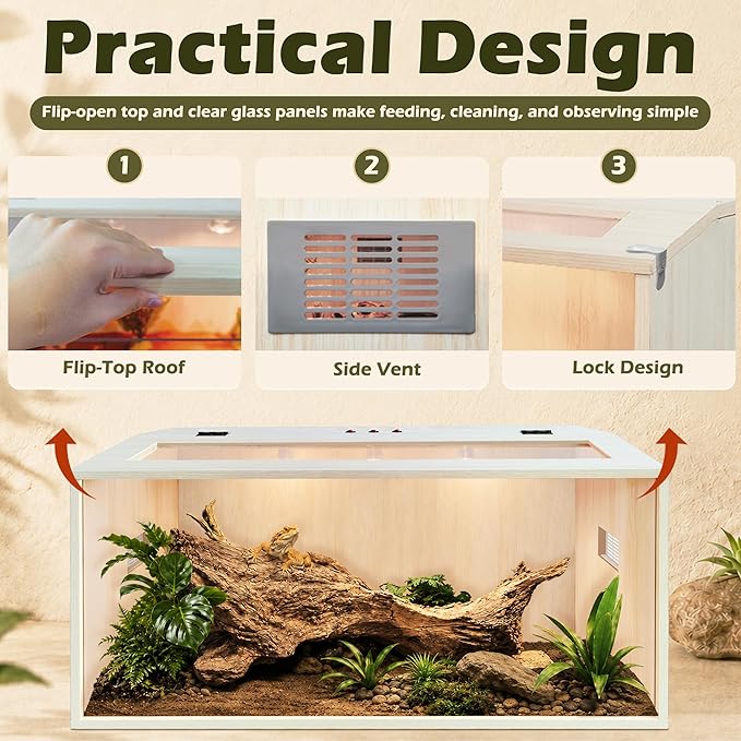 PROLEE Bearded Dragon Tank,Wooden Reptile Tank and Lizard Tank,Tempered Glass Large Bearded Dragon Enclosure with Built-in Lamp Fixture (40X20X20inch,65 Gallons)