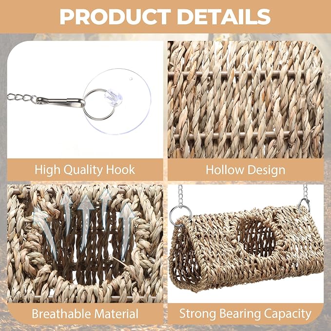 CroBlissful Reptile Hide Cave Hollow Cave Hideout with 2 Pcs Suction Cup and Chain Gecko Hide Reptile Tank Decor Seagrass Fiber Climbing Toy for Lizard Snake Hermit Crab(Triangle,Pale Yellow)
