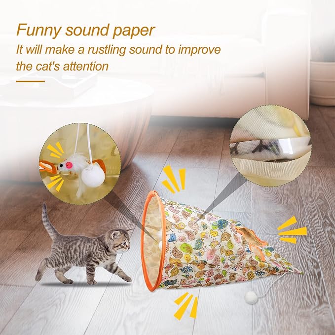 Andiker Cat Tunnel Bags for Indoor Cats, 13x17x12In Foldable Cat Crinkle Bag with 3 White Plush Balls and 1 Mouse 5 Holes for Kitten to Hide and Catch 3 Layers Cat Toy (Bird)