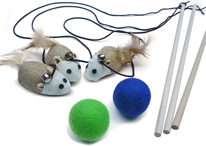 Cat Teaser Wand Toys - Plus 2 Wool Felt Ball Toys, Sisal Mice with Bell, Feather, Elastic String, Sturdy Wood Stick, Interactive Fun, Kitten Catcher Mouse Cat Toy