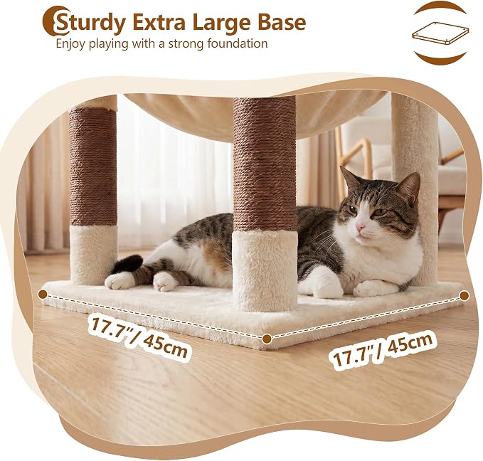 Heybly Cat Tree, 53.1-Inch Corner Stable Cat Tower for Large Indoor Cats, Well-Structured Interactive Cat Condo with Fan-Shaped Top Perch, Cozy Condo, Sturdy Base, Basket & Hammock, Beige HCT029MJ