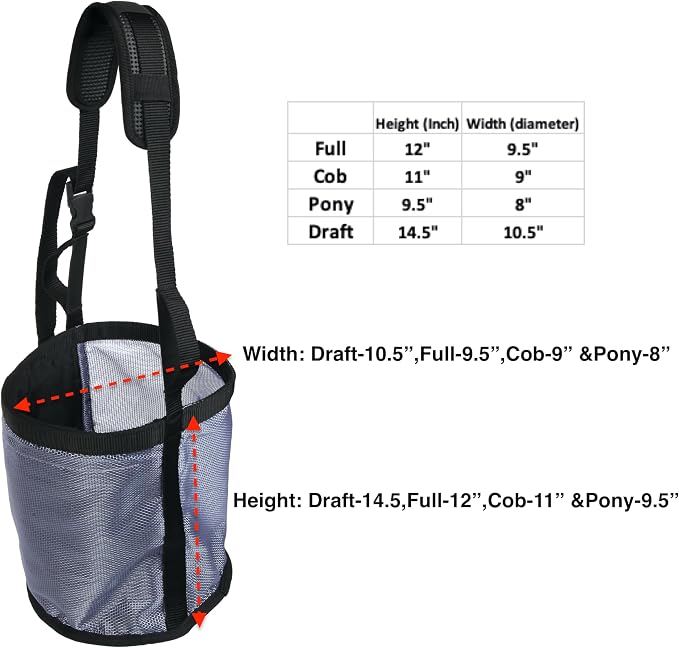 Majestic Ally Horse Feed Bag, Heavy Duty Nylon Mesh Grain Feed Bag, Adjustable Strap with Durable Snap and Elastic Straps, Comfort Neck Pad and Nose Pad- Large (Full, Dark Gray)