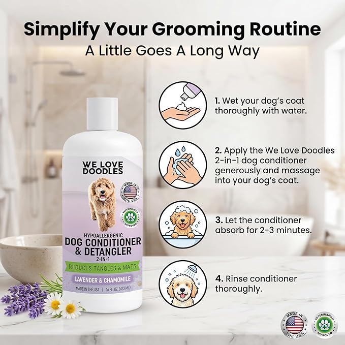 We Love Doodles Dog Conditioner & Detangler, 2-in-1 Conditioner for Allergies & Itching, Lavender and Chamomile, Made in USA, Dog Lotion Treatment, Perfect for Poodles, Doodles & Goldendoodles,16oz