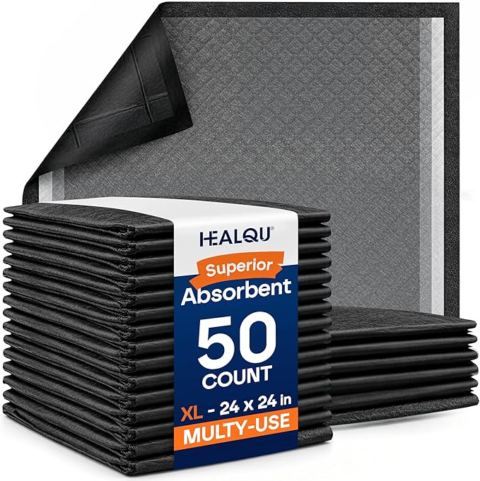 Healqu Puppy Pads - 24x24 50 Count Dog Training Pad Black Charcoal, Activated Carbon & Advanced Leakproof Technology - Ultra Absorbent, Puppy Pee Pads - Dogs, Puppies, & Cats, Pet Training Pads
